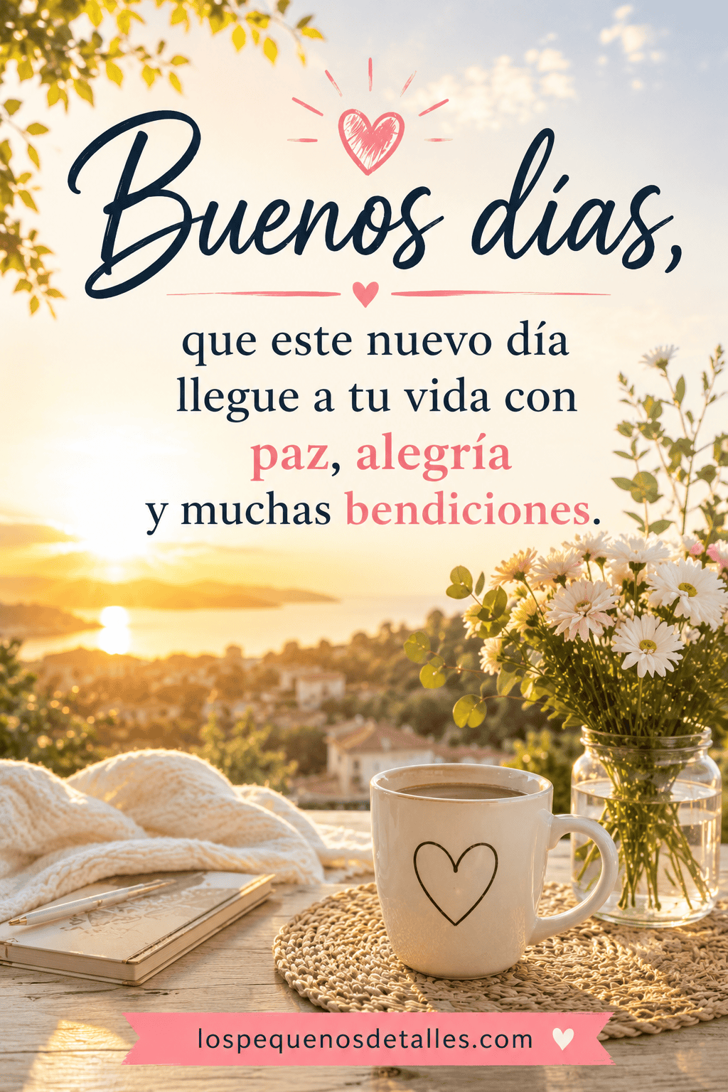 Imagen de buenos días con amanecer dorado, taza con corazón, flores y la frase “Buenos días, que este nuevo día llegue a tu vida con paz, alegría y muchas bendiciones”.