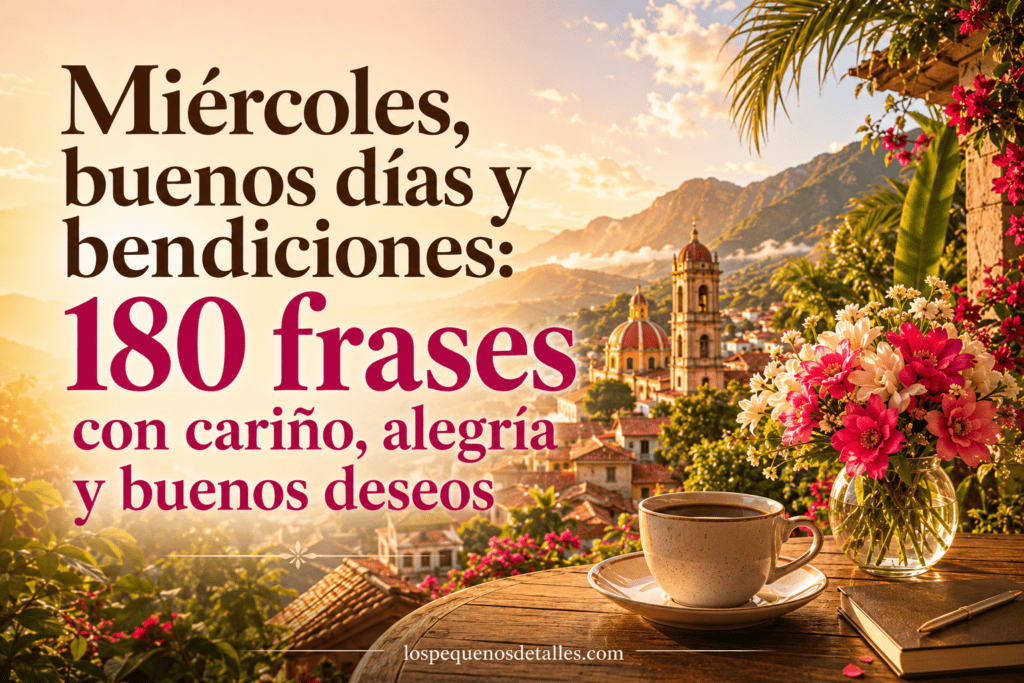 Imagen de miércoles, buenos días y bendiciones con un paisaje al amanecer, una taza de café, flores y el texto “Miércoles, buenos días y bendiciones: 180 frases con cariño, alegría y buenos deseos”
