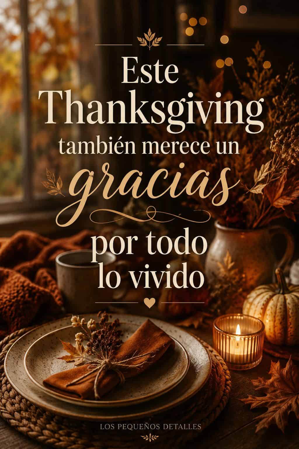 Pin vertical de Thanksgiving con una mesa otoñal decorada con vajilla, una servilleta en tonos cálidos, vela encendida, calabaza y flores secas. Sobre la imagen aparece la frase: “Este Thanksgiving también merece un gracias por todo lo vivido
