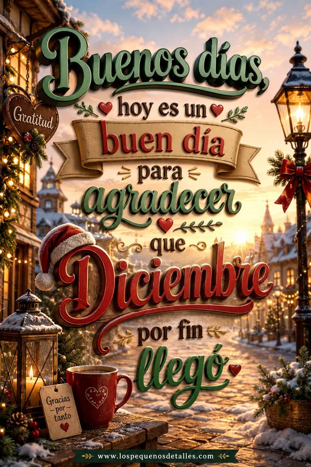 Imagen vertical de un pueblo nevado al amanecer, decorado con luces navideñas, faroles y detalles en rojo y verde. En el centro aparece la frase "Buenos días, hoy es un buen día para agradecer que Diciembre por fin llegó", acompañada de una taza caliente y un pequeño mensaje de gratitud.