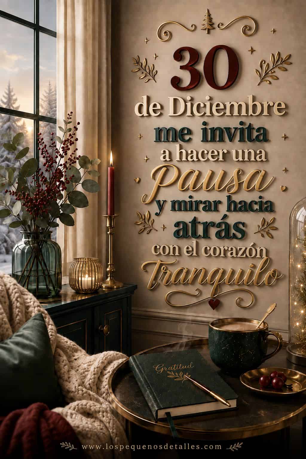 Imagen vertical de un rincón acogedor junto a una ventana con paisaje nevado, velas, ramas de eucalipto, una taza caliente, mantas y un cuaderno de gratitud. En la pared aparece la frase "30 de Diciembre me invita a hacer una Pausa y mirar hacia atrás con el corazón Tranquilo" en tonos crema, verde, dorado y rojo.