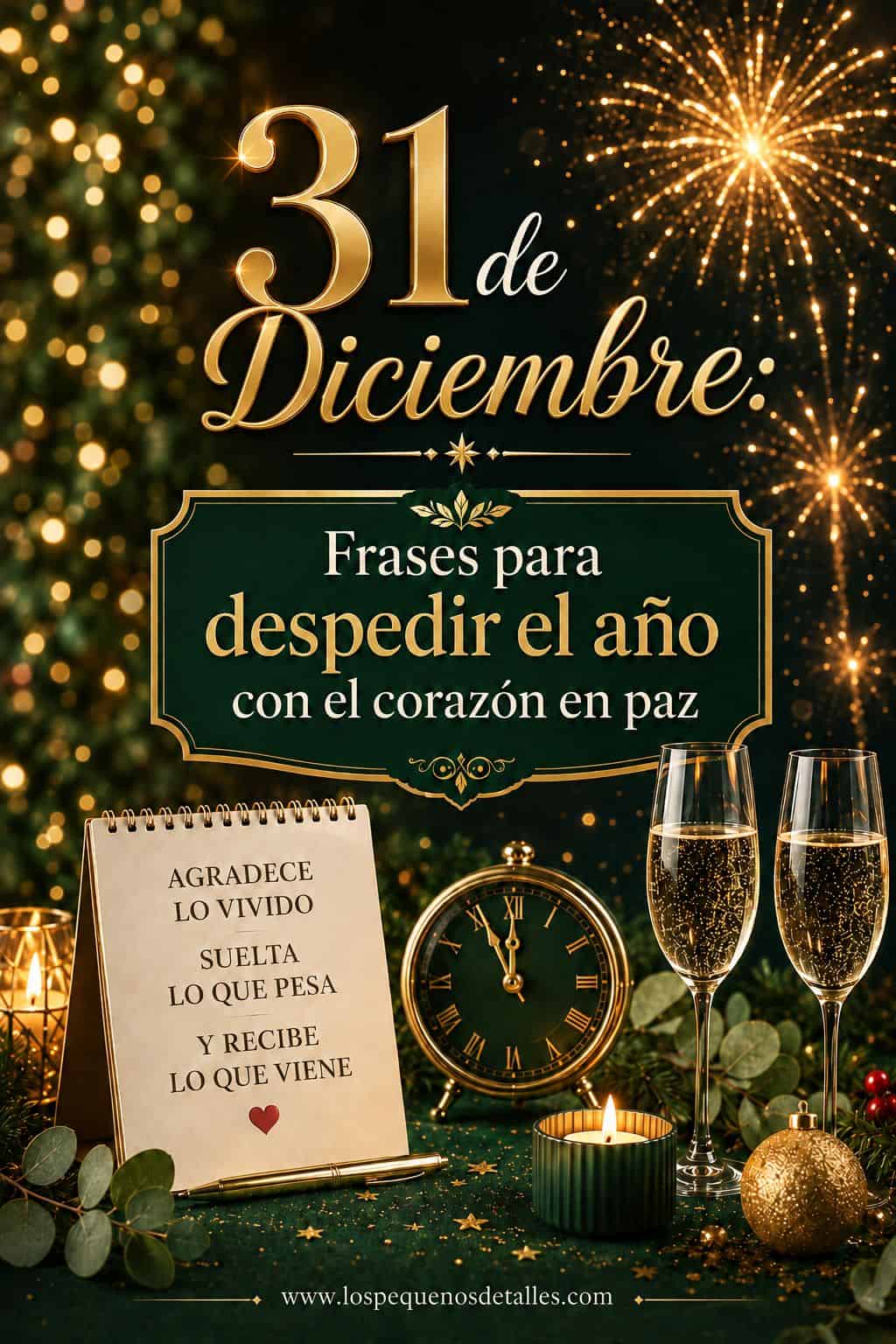 Imagen vertical de Nochevieja con fondo verde oscuro, luces doradas, fuegos artificiales, un reloj cerca de medianoche, dos copas y velas. En el centro aparece el texto "31 de Diciembre: Frases para despedir el año con el corazón en paz", acompañado de una nota con el mensaje "Agradece lo vivido, suelta lo que pesa y recibe lo que viene