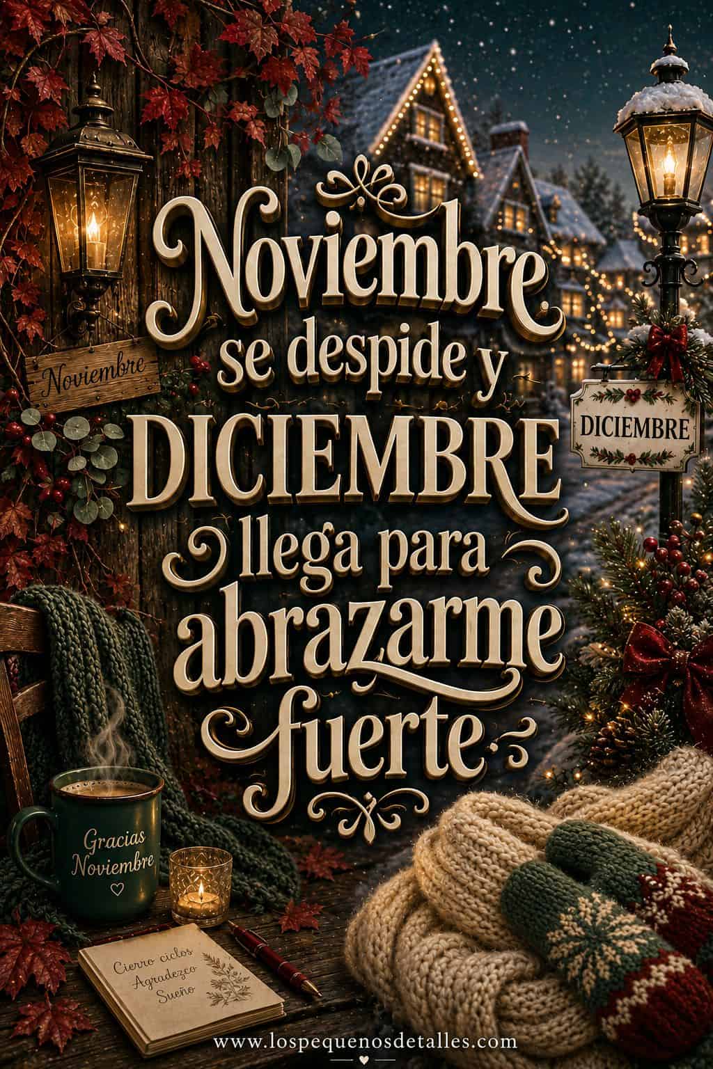 Imagen vertical con una transición de noviembre a diciembre: hojas otoñales y tonos cálidos a la izquierda, un pueblo nevado e iluminado a la derecha, faroles, mantas y detalles acogedores. En el centro aparece la frase "Noviembre se despide y DICIEMBRE llega para abrazarme fuerte