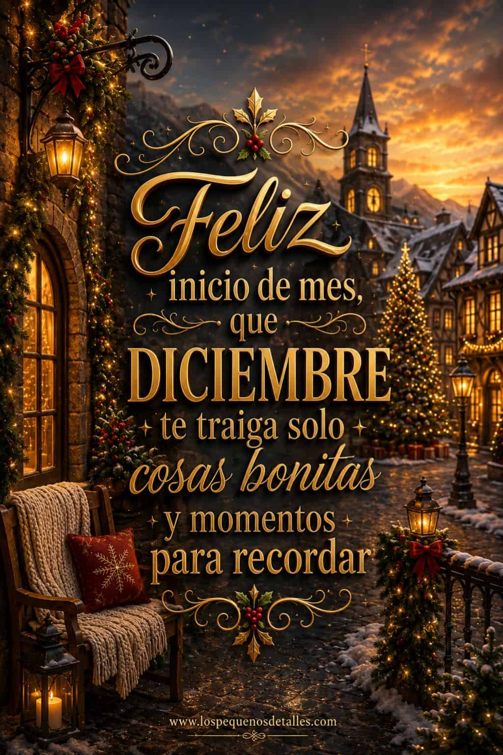 Imagen vertical de un pueblo nevado al atardecer, iluminado con faroles, luces navideñas y un árbol de Navidad. En primer plano aparece la frase "Feliz inicio de mes, que DICIEMBRE te traiga solo cosas bonitas y momentos para recordar", rodeada de detalles cálidos y festivos.