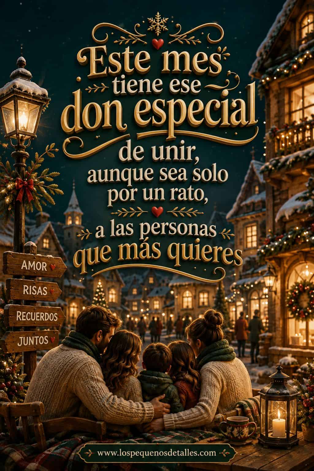 Imagen vertical de una familia abrazada en un pueblo nevado y decorado con luces cálidas de Navidad. En la parte superior aparece la frase "Este mes tiene ese don especial de unir, aunque sea solo por un rato, a las personas que más quieres", acompañada de detalles como faroles, corazones y carteles con las palabras amor, risas, recuerdos y juntos.