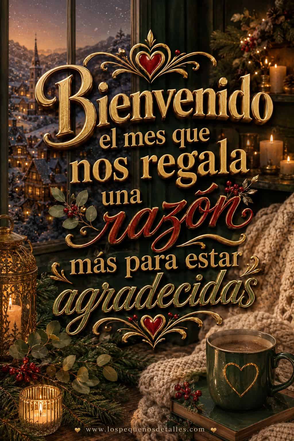 Imagen vertical de ambiente navideño acogedor, con un pueblo nevado visto desde una ventana, velas, ramas de eucalipto, una manta y una taza caliente. En el centro aparece la frase "Bienvenido el mes que nos regala una razón más para estar agradecidas" en letras doradas y rojas