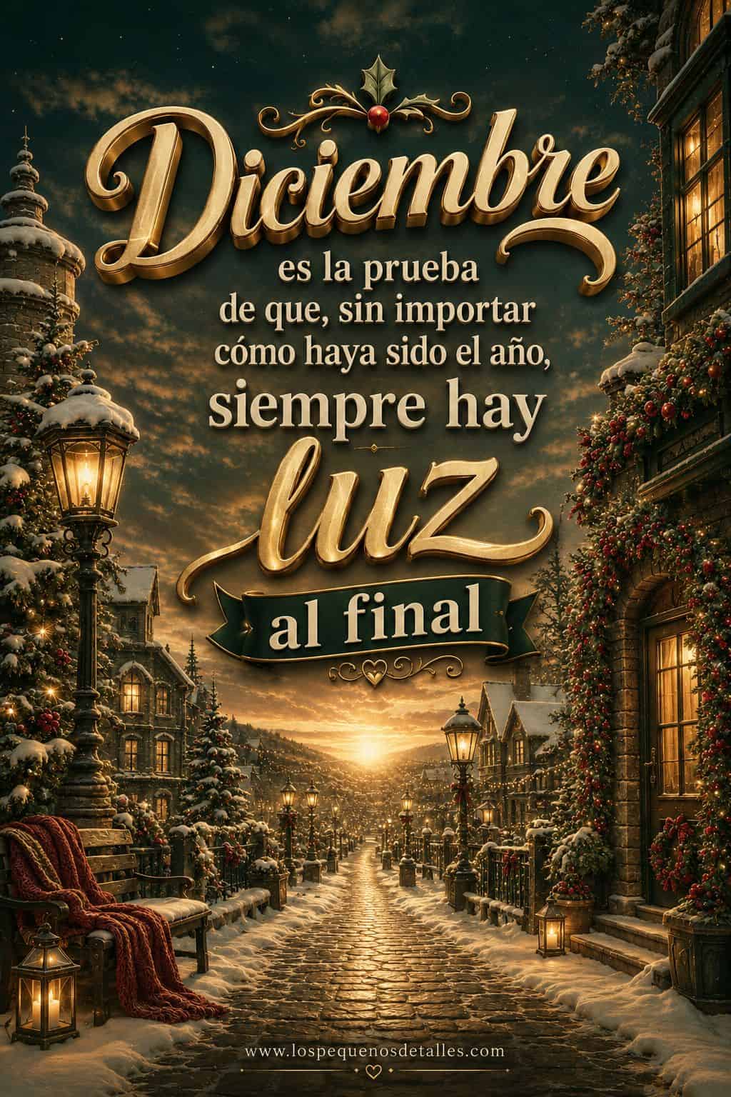 Imagen vertical de una calle nevada de diciembre iluminada por faroles y luces cálidas, con casas decoradas, árboles cubiertos de nieve y un resplandor al fondo. En el centro aparece la frase "Diciembre es la prueba de que, sin importar cómo haya sido el año, siempre hay luz al final".