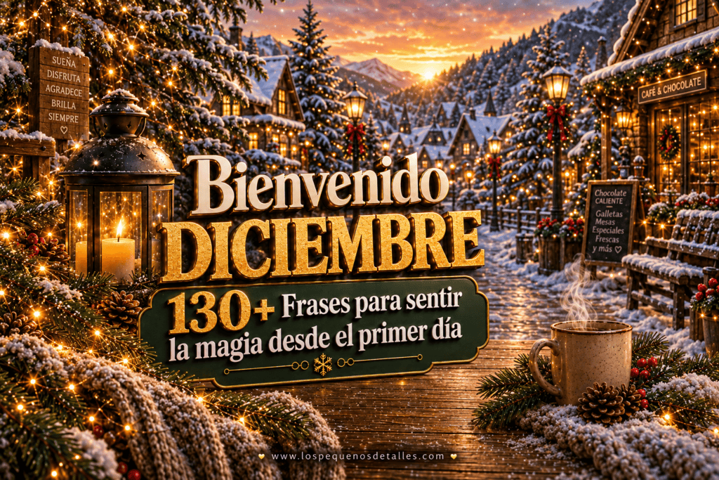 Imagen destacada de "Bienvenido diciembre: 130+ Frases para sentir la magia desde el primer día", con un pueblo nevado al atardecer, farol con velas encendidas, taza de café humeante, piñas, luces cálidas y un cartel de madera con las palabras "Sueña, Disfruta, Agradece, Brilla, Siempre".