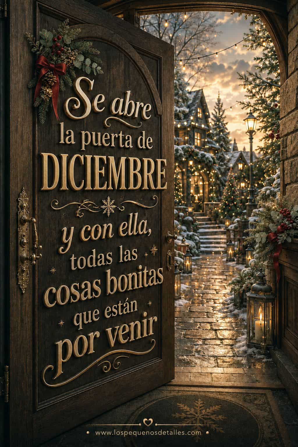 Imagen vertical de una puerta de madera abierta hacia un pueblo nevado e iluminado con luces cálidas, faroles y árboles decorados. Sobre la puerta aparece la frase "Se abre la puerta de DICIEMBRE y con ella, todas las cosas bonitas que están por venir
