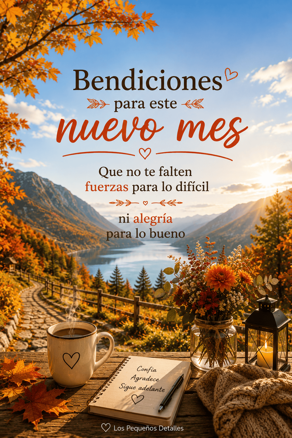 Imagen de "Bendiciones para este nuevo mes: que no te falten fuerzas para lo difícil ni alegría para lo bueno", con una taza de café humeante con un corazón dibujado, un cuaderno con las palabras "Confía, Agradece, Sigue adelante", un jarrón con flores otoñales, un farol encendido y una manta tejida sobre una mesa de madera, con vista a un lago rodeado de montañas y árboles anaranjados al atardecer.