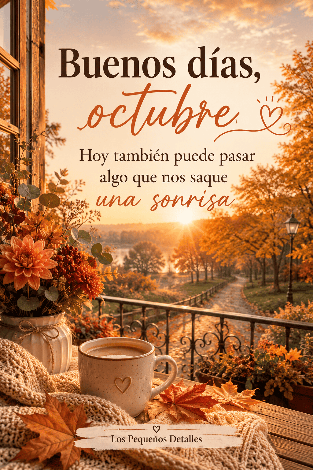 Imagen de "Buenos días, octubre: hoy también puede pasar algo que nos saque una sonrisa", con una taza de café con un corazón dibujado, un ramo de flores otoñales, una manta tejida y hojas de otoño sobre una mesa de madera junto a un balcón con vista a un atardecer, un camino, un lago y árboles anaranjados.