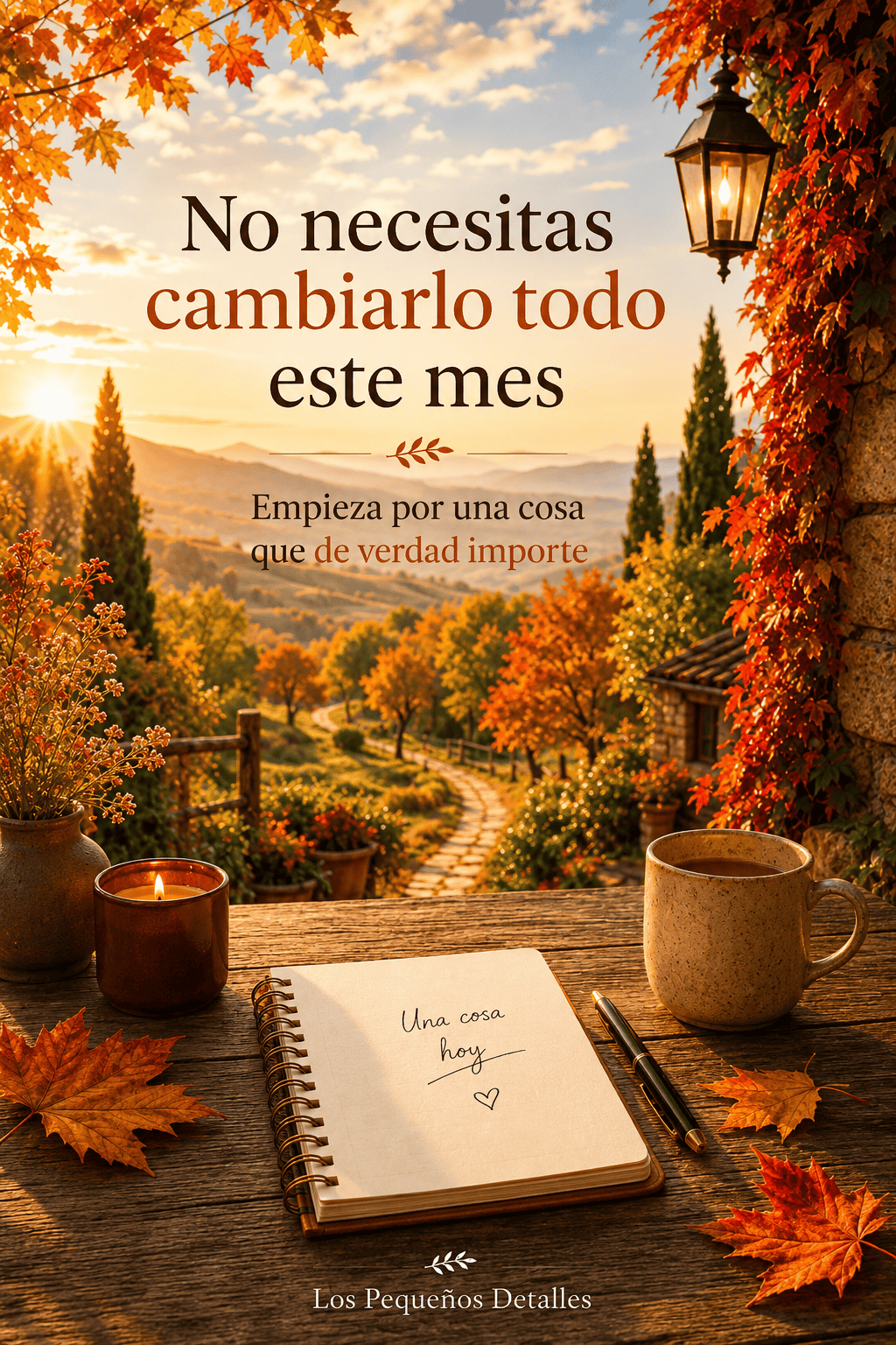 Imagen de "No necesitas cambiarlo todo este mes: empieza por una cosa que de verdad importe", con un cuaderno abierto donde se lee "Una cosa hoy", un bolígrafo, una taza de café, una vela encendida, un jarrón con flores y hojas de otoño sobre una mesa de madera, con vista a un camino de piedra entre colinas y árboles otoñales al atardecer.