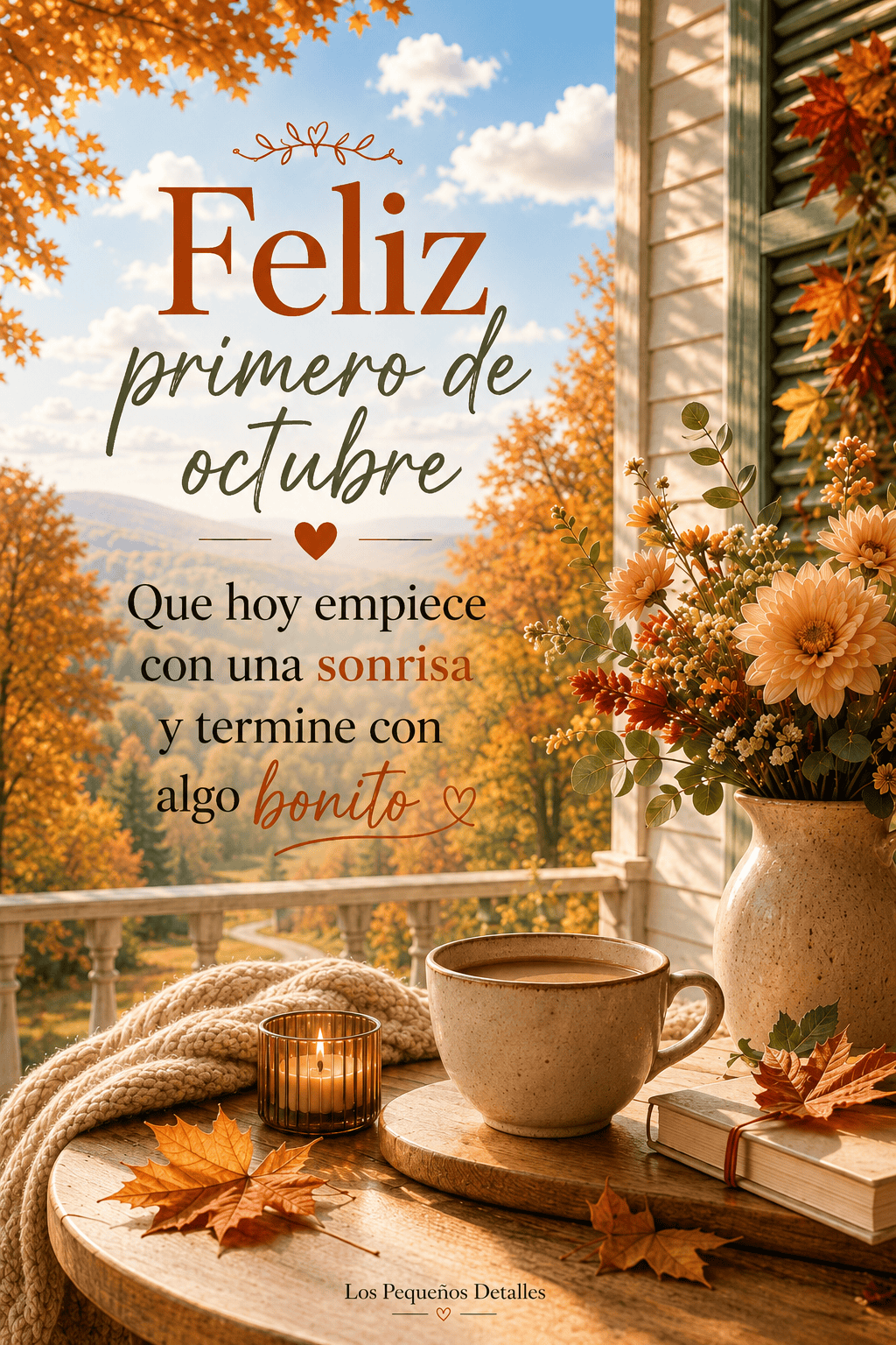 Imagen destacada de "Feliz primero de octubre: que hoy empiece con una sonrisa y termine con algo bonito", con una terraza otoñal, un paisaje de montañas y árboles anaranjados al fondo, una taza de café, una vela encendida, un ramo de flores, un libro y una manta tejida sobre una mesa de madera con hojas de otoño.