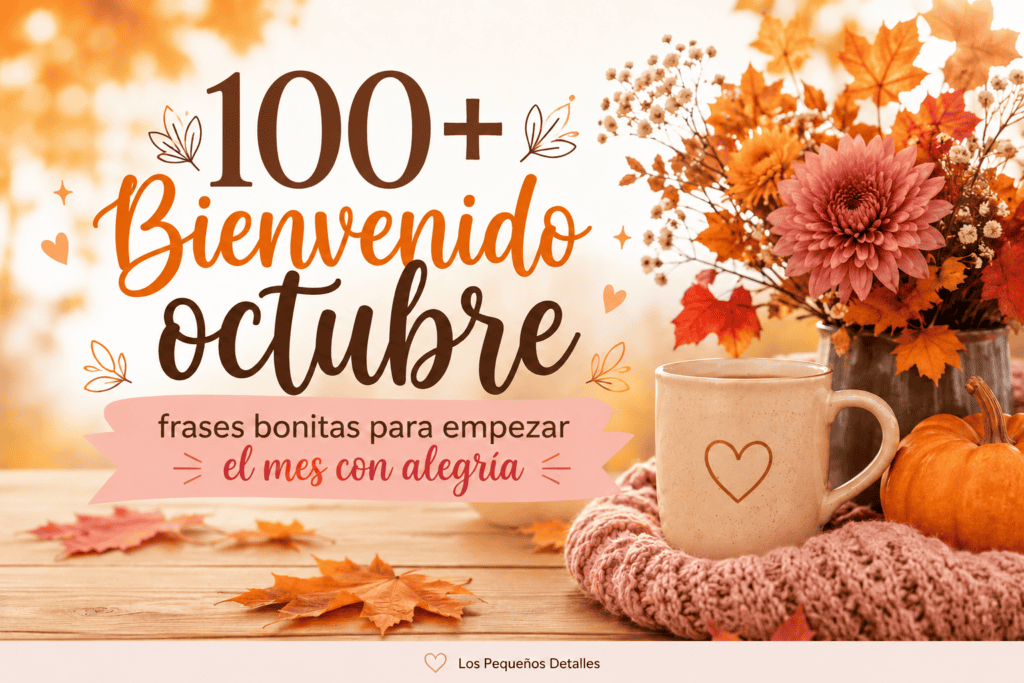 Imagen destacada de "100+ Bienvenido octubre: frases bonitas para empezar el mes con alegría", con hojas otoñales en tonos naranjas, un ramo de flores rosas y blancas, una taza de café con un corazón dibujado, una calabaza y una manta tejida sobre una mesa de madera.