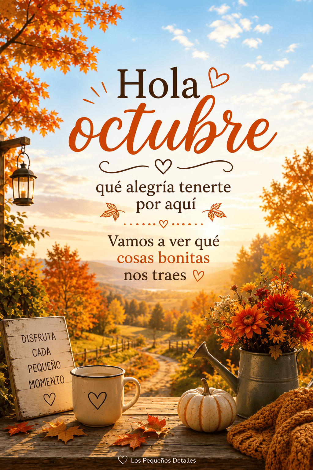 Imagen de "Hola octubre, qué alegría tenerte por aquí. Vamos a ver qué cosas bonitas nos traes", con un letrero de madera que dice "Disfruta cada pequeño momento", una taza con un corazón dibujado, una calabaza blanca decorativa, una regadera con flores otoñales y una manta tejida sobre una mesa de madera, con vista a un camino de tierra entre colinas y árboles anaranjados al atardecer.