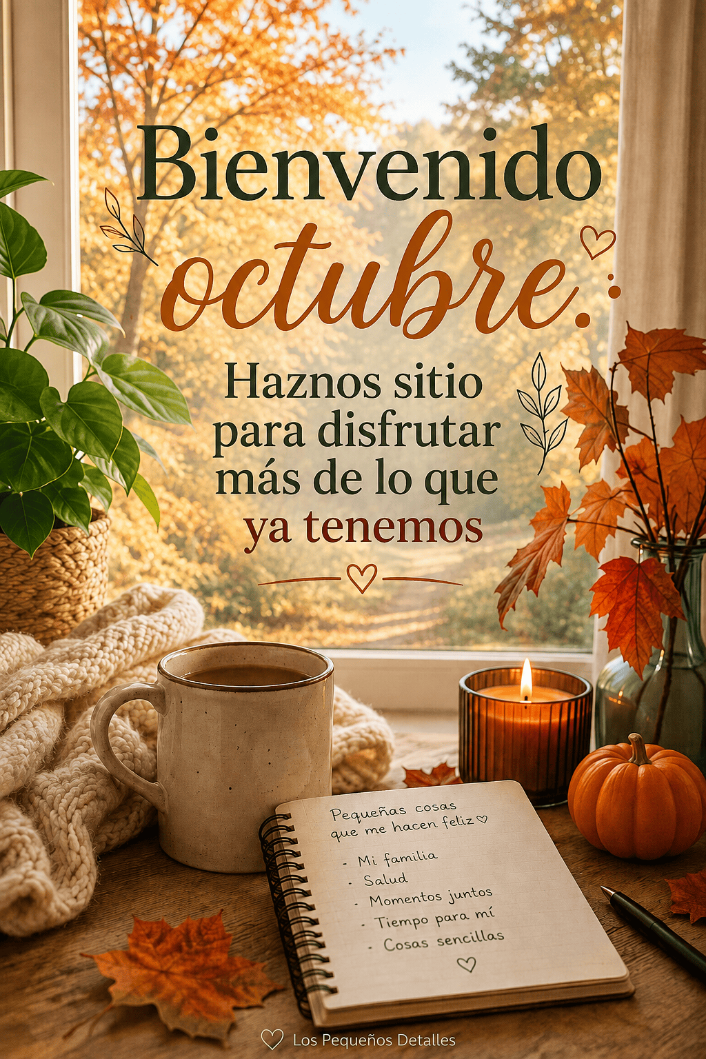 Escena otoñal acogedora junto a una ventana, con una taza de café, una vela encendida, hojas secas, una pequeña calabaza y un cuaderno abierto. Sobre la imagen aparece el texto: “Bienvenido octubre. Haznos sitio para disfrutar más de lo que ya tenemos”.