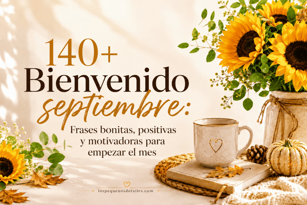 Imagen destacada de "140+ Bienvenido septiembre: frases bonitas, positivas y motivadoras para empezar el mes", con un ramo de girasoles, una taza con un corazón dibujado sobre un libro, una calabaza blanca decorativa, una piña y hojas de otoño.