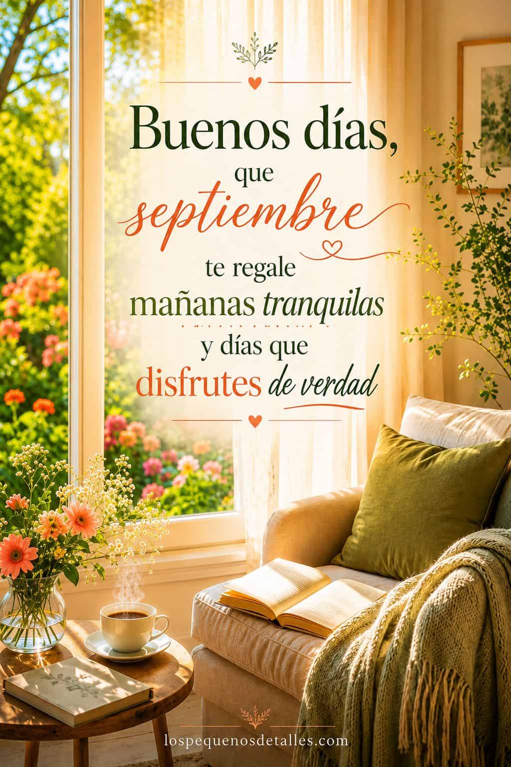 Imagen vertical con una sala luminosa, flores, una taza y un libro junto a una ventana con jardín, acompañada de la frase: “Buenos días, que septiembre te regale mañanas tranquilas y días que disfrutes de verdad