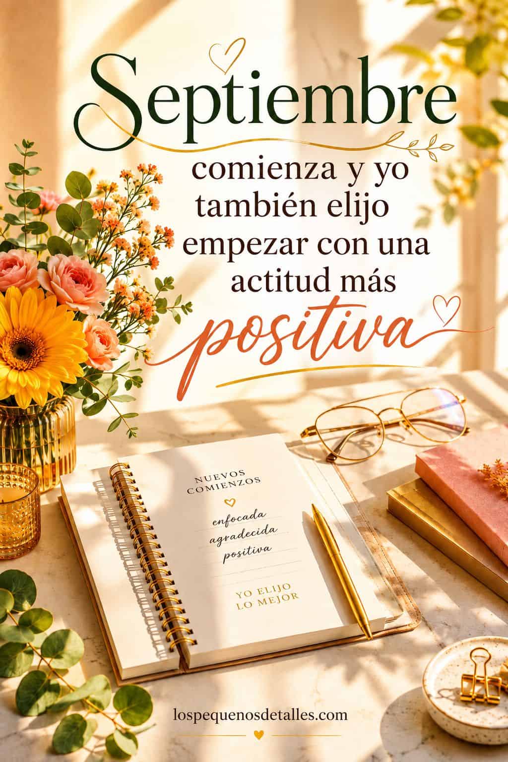 Imagen vertical con flores en tonos cálidos, hojas de otoño, una taza y una libreta, acompañada de la frase positiva: “Septiembre comienza y yo también elijo empezar con una actitud más positiva