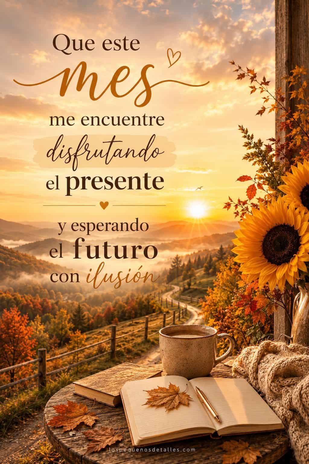 Imagen vertical con un paisaje otoñal al amanecer, girasoles, hojas de otoño, una taza y un cuaderno, acompañada de la frase: “Que este mes me encuentre disfrutando el presente y esperando el futuro con ilusión
