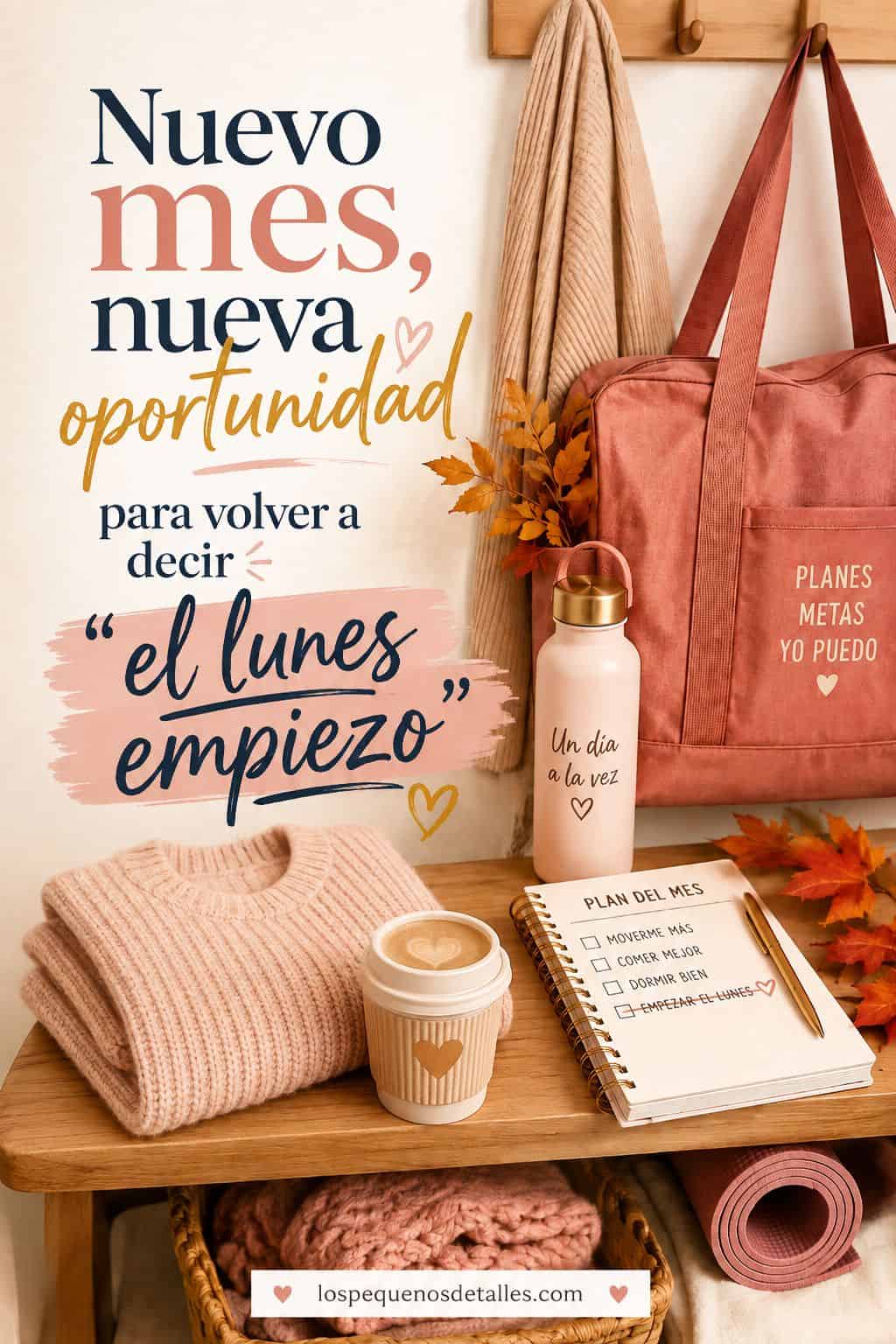 Imagen vertical con ropa deportiva, bolso, botella, café y una libreta de planificación. Incluye la frase "Nuevo mes, nueva oportunidad para volver a decir 'el lunes empiezo'".