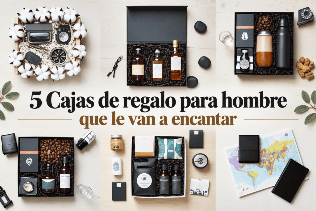 Cinco cajas de regalo para hombre con diferentes estilos y productos, junto al texto "5 Cajas de regalo para hombre que le van a encantar".