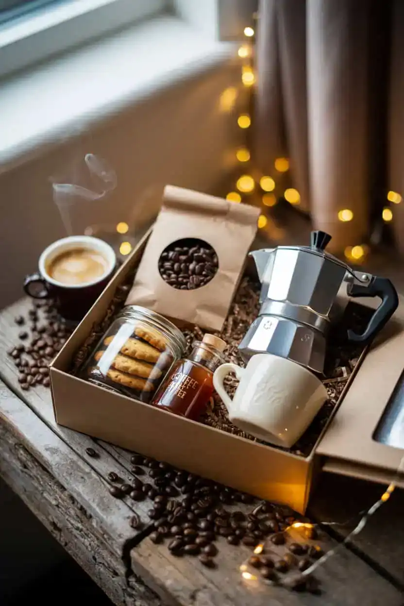 Caja de regalo para amantes del café con granos de café, cafetera italiana, taza, galletas y otros pequeños accesorios presentados en una caja.