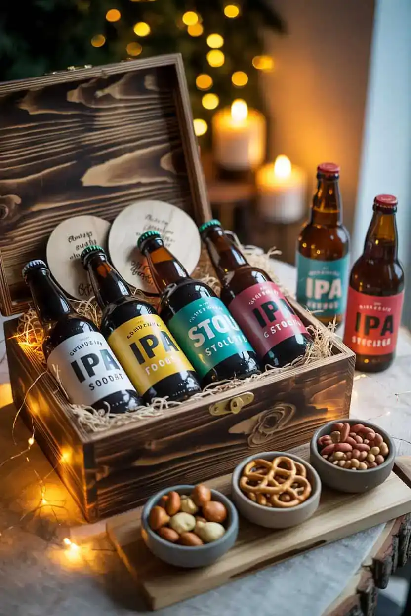 Caja de madera con varias cervezas artesanales, acompañadas de posavasos, pretzels y frutos secos, preparada como regalo para un amante de la cerveza