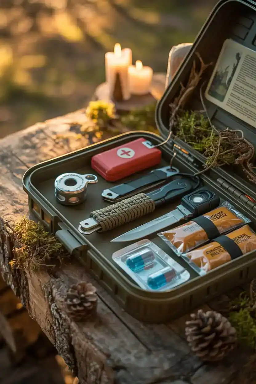 Caja de supervivencia abierta sobre un tronco en el bosque, con botiquín, navaja, linterna, cuerda de paracord, herramientas y otros accesorios para actividades al aire libre.