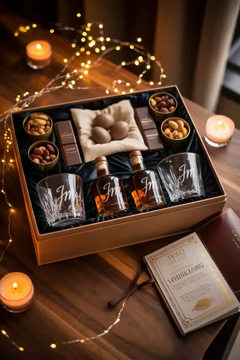 Caja de regalo con botellas pequeñas de whisky , vasos, chocolates y frutos secos, presentada de forma elegante con luces cálidas y velas