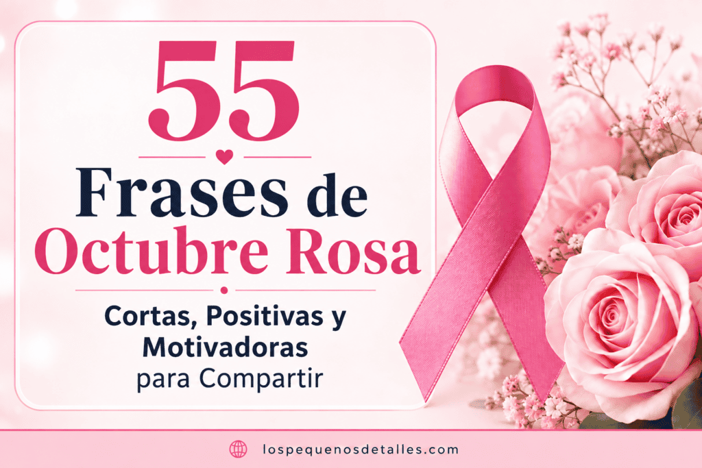 Pin en tonos rosa con flores y un lazo de concienciación sobre el cáncer de mama. El texto anuncia “55 Frases de Octubre Rosa cortas, positivas y motivadoras para compartir”.