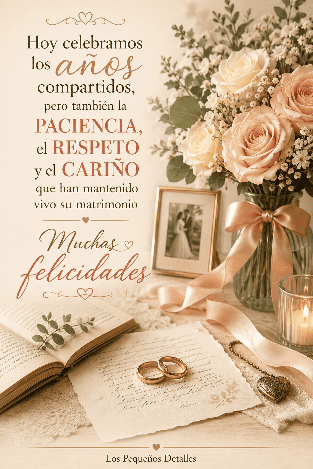 Tarjeta de aniversario con rosas, alianzas, una carta y recuerdos de boda, acompañada de un mensaje sobre la paciencia, el respeto y el cariño que mantienen vivo un matrimonio
