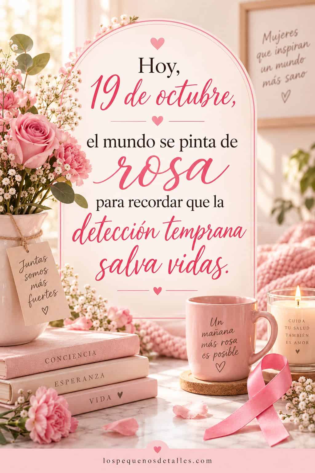 Imagen de Octubre Rosa con un jarrón de rosas y flores blancas, una taza rosa con la frase "Un mañana más rosa es posible", una vela encendida con el mensaje "Cuida tu salud también es amor", libros apilados con las palabras "Conciencia, Esperanza, Vida", un lazo rosa y una etiqueta que dice "Juntas somos más fuertes". Incluye la frase "Hoy, 19 de octubre, el mundo se pinta de rosa para recordar que la detección temprana salva vidas".