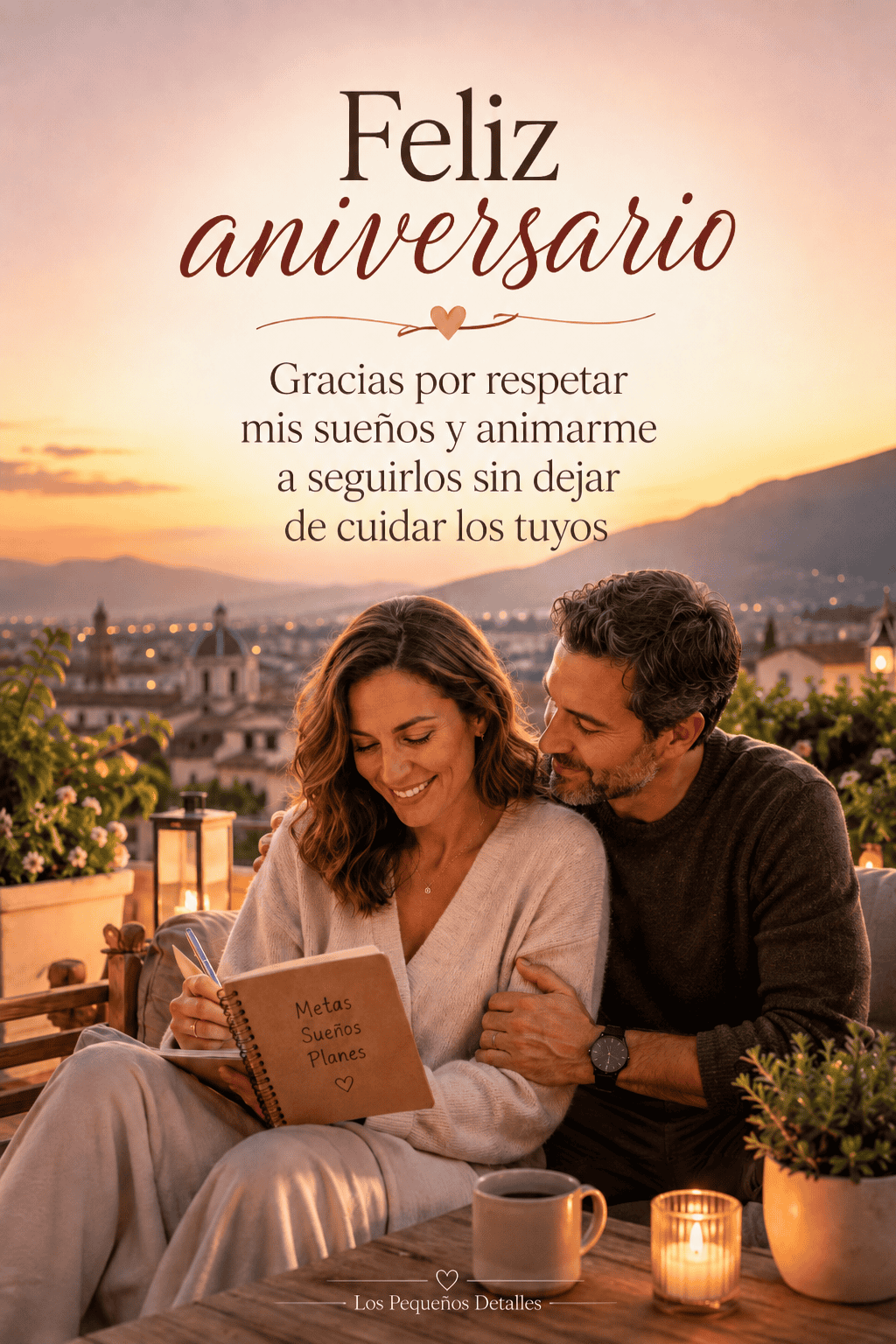 Pareja adulta en una terraza al atardecer, mientras ella escribe sus metas en un cuaderno y él la abraza, con el mensaje: “Feliz aniversario. Gracias por respetar mis sueños y animarme a seguirlos sin dejar de cuidar los tuyos