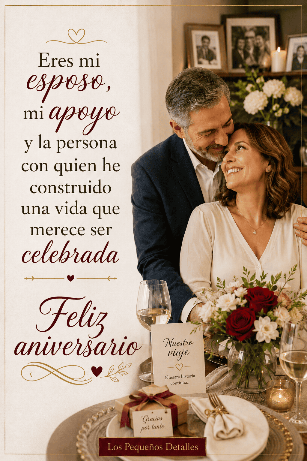 Pareja adulta celebrando su aniversario en una mesa elegante con flores, regalo, tarjeta y dos copas, junto al mensaje sobre el esposo, el apoyo y la vida construida junto