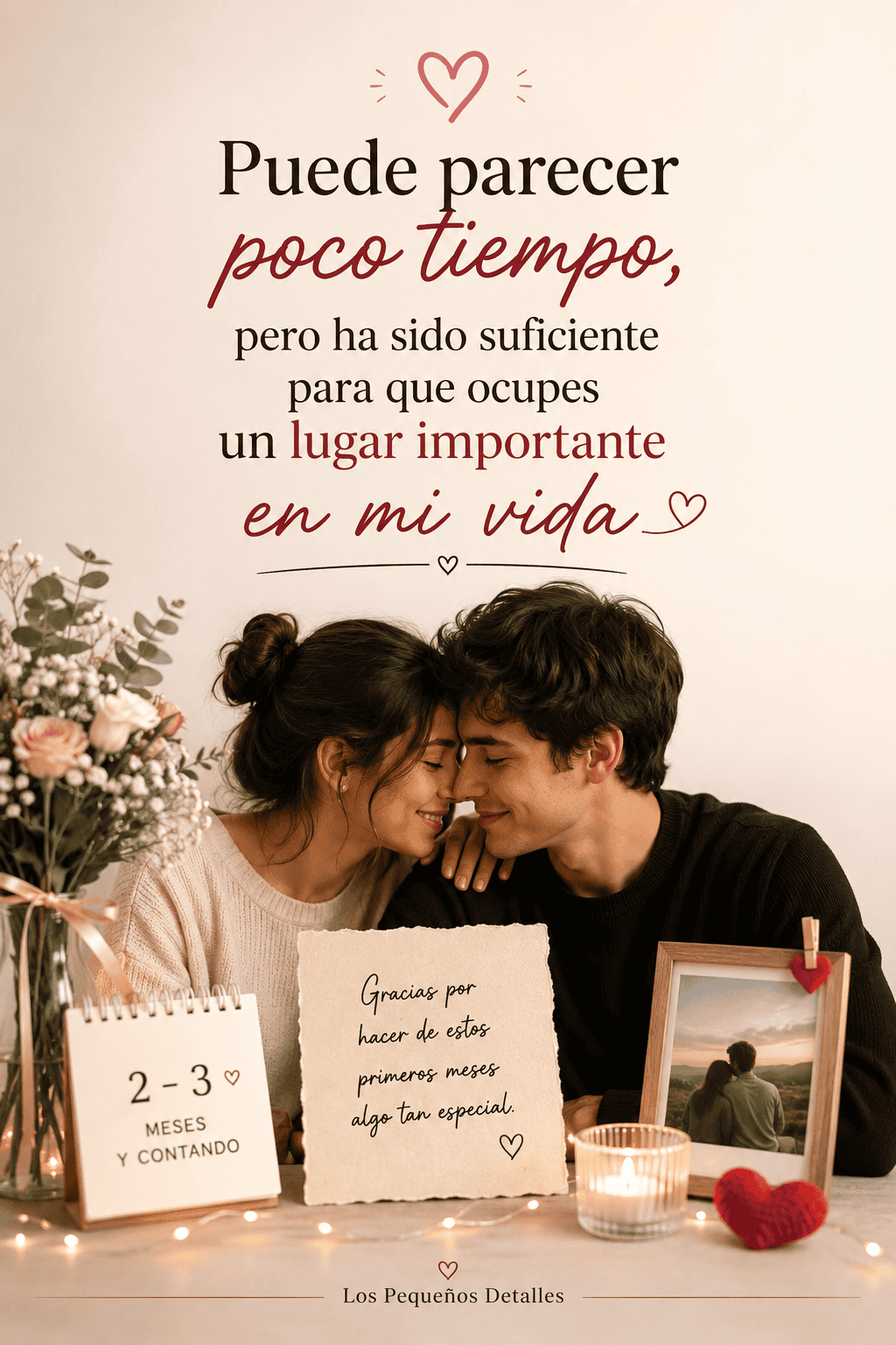 Pareja joven celebrando sus primeros dos o tres meses de relación en un estudio decorado con flores, una vela, una fotografía y una tarjeta, junto al mensaje: “Puede parecer poco tiempo, pero ha sido suficiente para que ocupes un lugar importante en mi vida