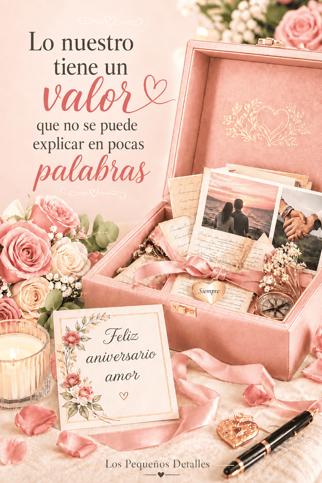 Caja rosa con fotografías y cartas de una pareja, rodeada de rosas, una vela y una tarjeta de “Feliz aniversario amor”, junto al mensaje: “Lo nuestro tiene un valor que no se puede explicar en pocas palabras”