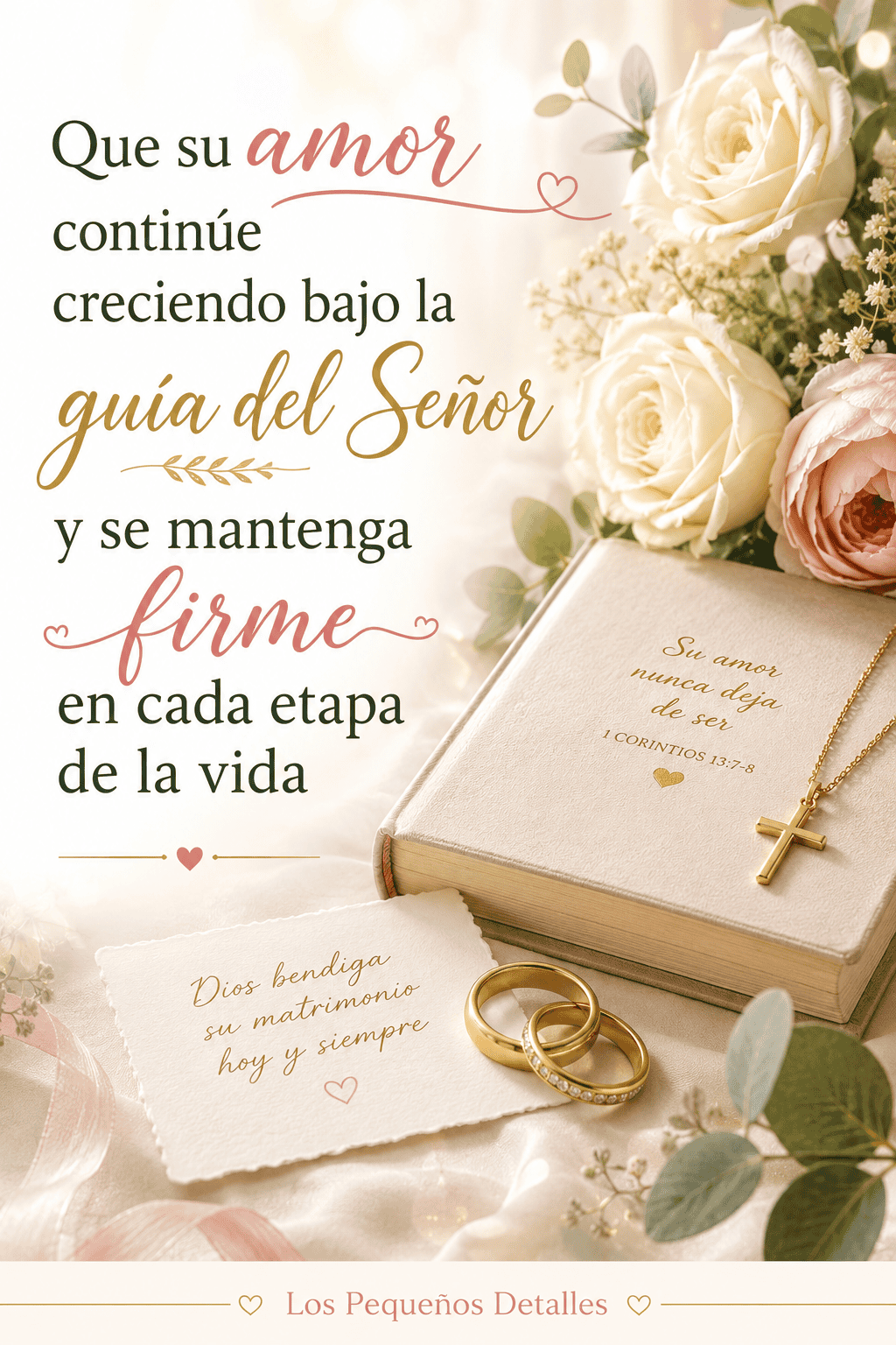 Tarjeta cristiana de aniversario con rosas, alianzas, una Biblia y una cruz dorada, acompañada de un deseo para que el amor crezca bajo la guía del Señor.