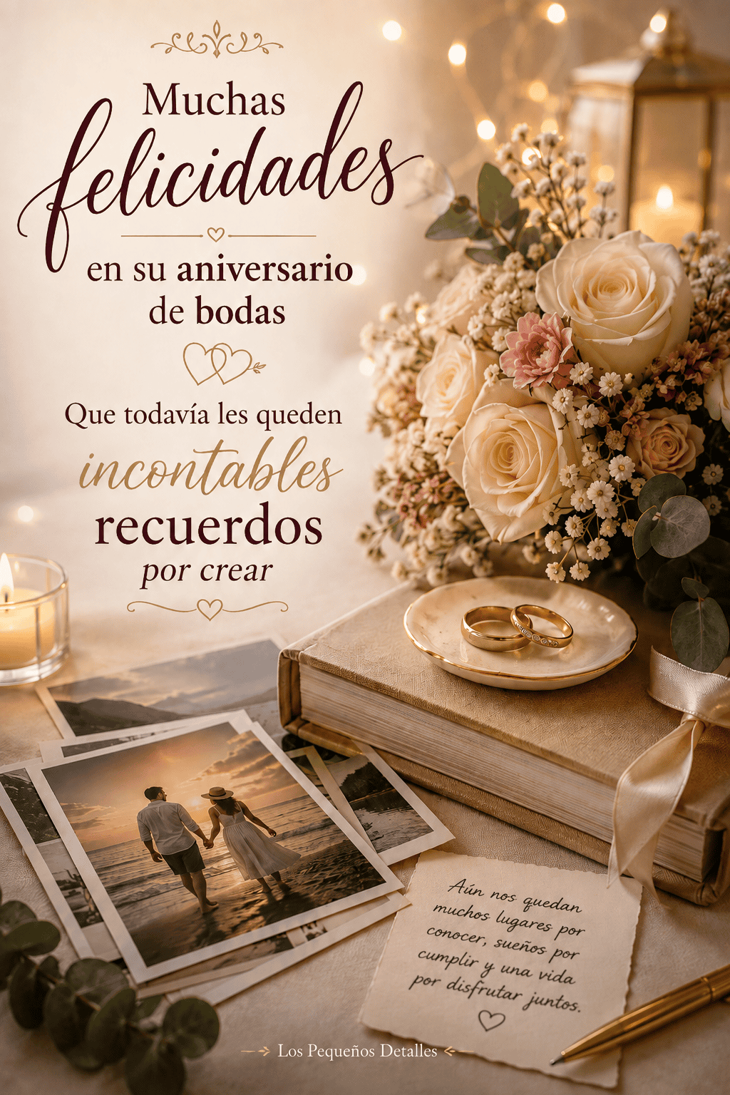 Tarjeta de aniversario de bodas con rosas, alianzas, fotografías de una pareja y el mensaje: “Muchas felicidades en su aniversario de bodas. Que todavía les queden incontables recuerdos por crear