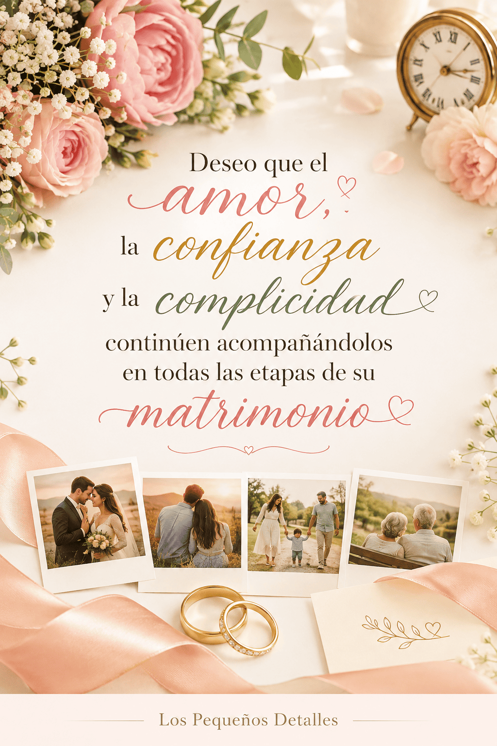 Tarjeta de aniversario con flores, alianzas y fotografías que representan distintas etapas del matrimonio, acompañada de un deseo de amor, confianza y complicidad