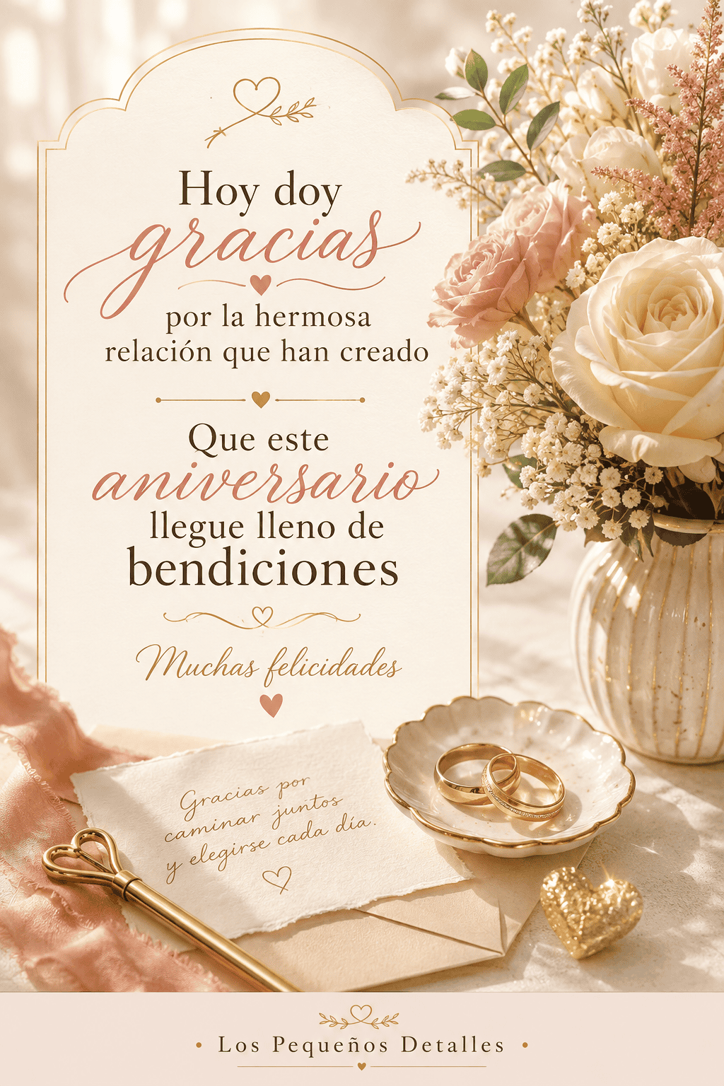Tarjeta de aniversario con flores en tonos suaves, alianzas y una nota de agradecimiento, acompañada del mensaje: “Hoy doy gracias por la hermosa relación que han creado. Que este aniversario llegue lleno de bendiciones