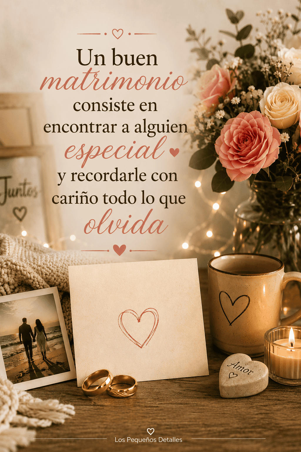 Tarjeta de aniversario con flores, alianzas, una foto de pareja y detalles románticos, acompañada de una frase divertida sobre recordar con cariño todo lo que la otra persona olvida.