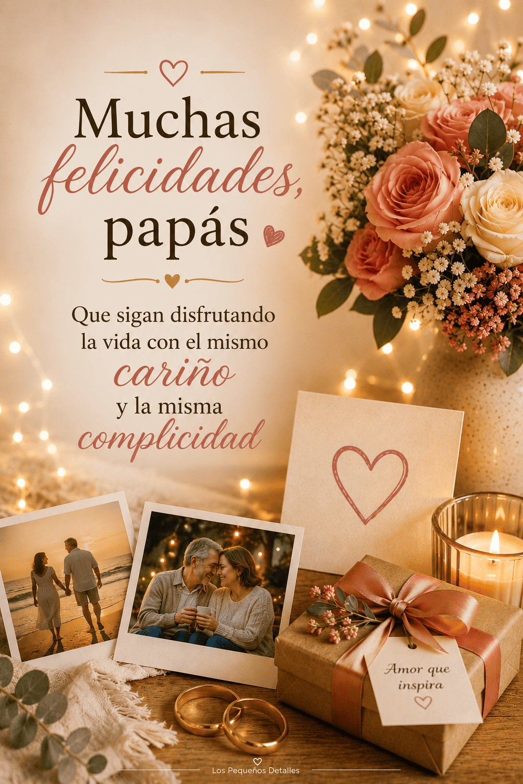 Tarjeta de aniversario para papás con flores, fotografías, alianzas y un regalo, acompañada de un mensaje sobre seguir disfrutando la vida con cariño y complicidad
