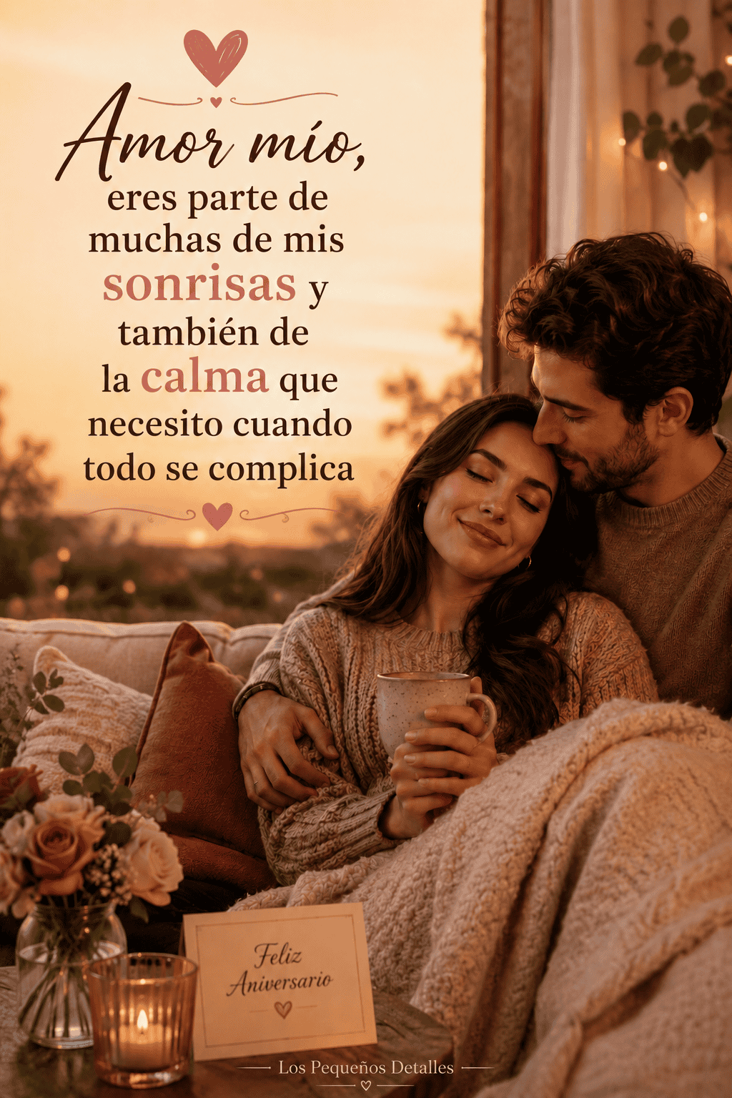 Pareja abrazada en un sofá al atardecer, mientras ella sostiene una taza, junto a flores, una vela y una tarjeta de “Feliz Aniversario”, con un mensaje sobre amor, sonrisas y calma