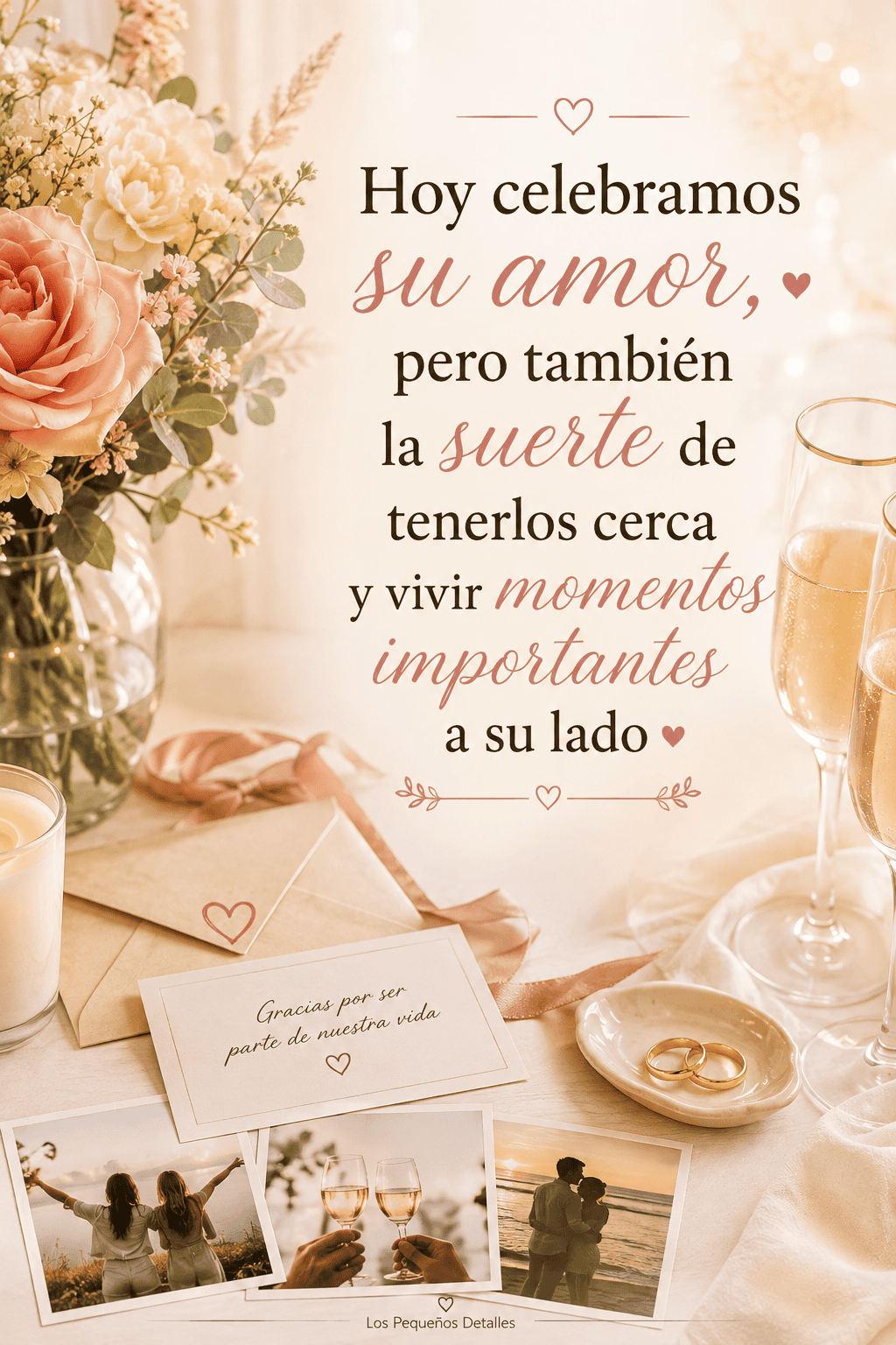 Tarjeta de aniversario con flores, copas, alianzas y fotografías de momentos compartidos, acompañada de un mensaje de amor y gratitud por tener cerca a una pareja especial.