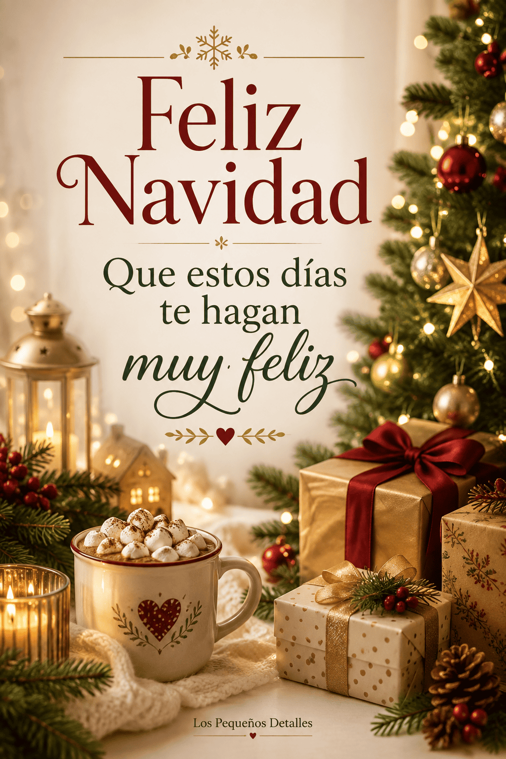 Árbol de Navidad iluminado junto a regalos, una taza caliente y velas, con el mensaje: “Feliz Navidad Que estos días te hagan muy feliz