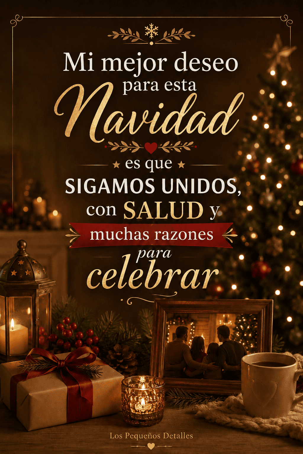 Escena navideña cálida con árbol iluminado, velas, regalo, taza y una foto familiar sobre una mesa de madera, acompañada del mensaje “Mi mejor deseo para esta Navidad es que sigamos unidos, con salud y muchas razones para celebrar