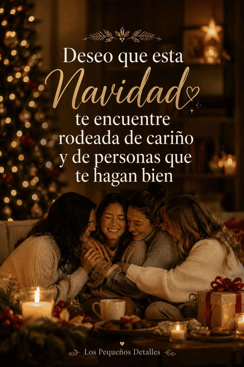 Grupo de mujeres abrazadas y sonriendo en un ambiente navideño cálido, con árbol iluminado, velas, regalos y el mensaje “Deseo que esta Navidad te encuentre rodeada de cariño y de personas que te hagan bien