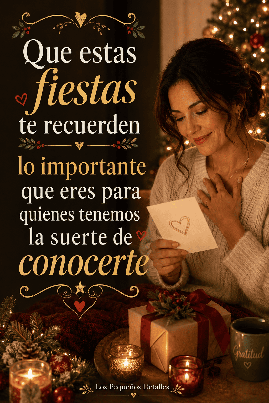 Mujer en un ambiente navideño cálido leyendo una tarjeta junto a un regalo, velas y un árbol de Navidad iluminado, con el mensaje “Que estas fiestas te recuerden lo importante que eres para quienes tenemos la suerte de conocerte