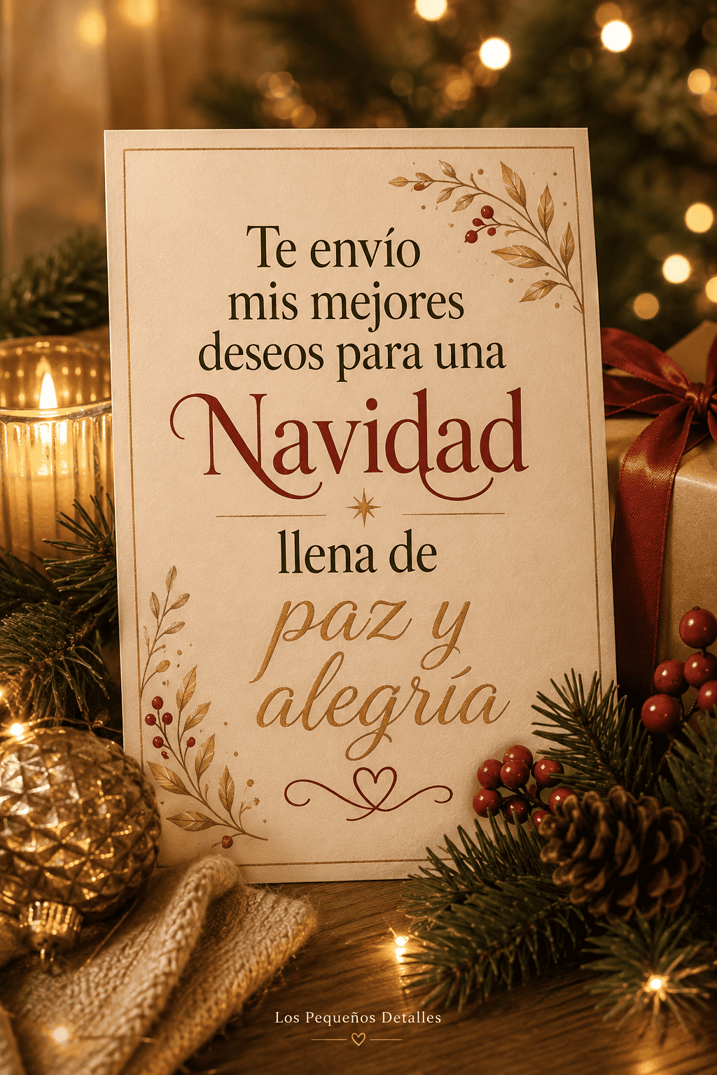 Tarjeta navideña con el mensaje “Te envío mis mejores deseos para una Navidad llena de paz y alegría”, rodeada de luces cálidas, una vela, un regalo y ramas de pino